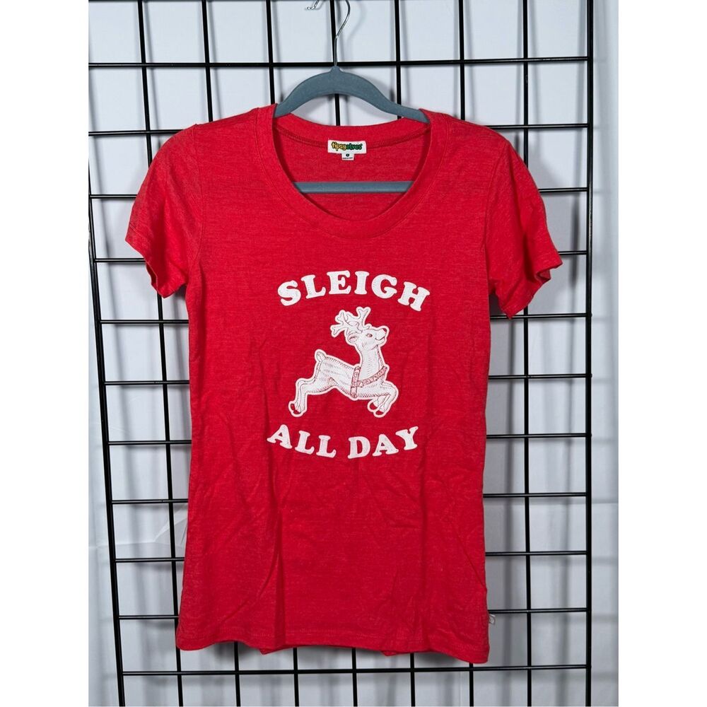 Tipsy Elves Sleigh All Day SS T-Shirt Womens S‎ Red Graphic Holiday Christmas